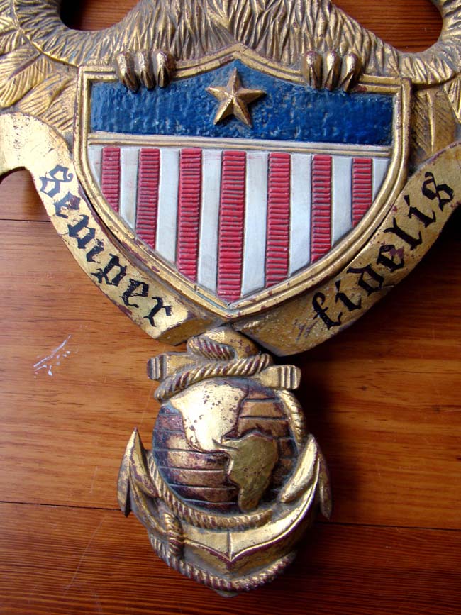 A wonderful early 20th century carved eagle plaque  with the U.S. Marine Corp emblem anf their motto "Semper fideles." — image 2